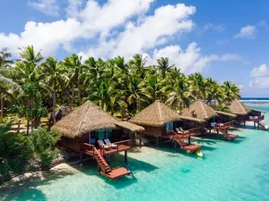 The overwater bungalows along the lagoon
