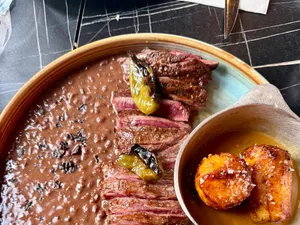 Steak, black beans, and sweet plantain