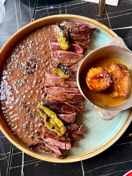 Steak, black beans, and sweet plantain