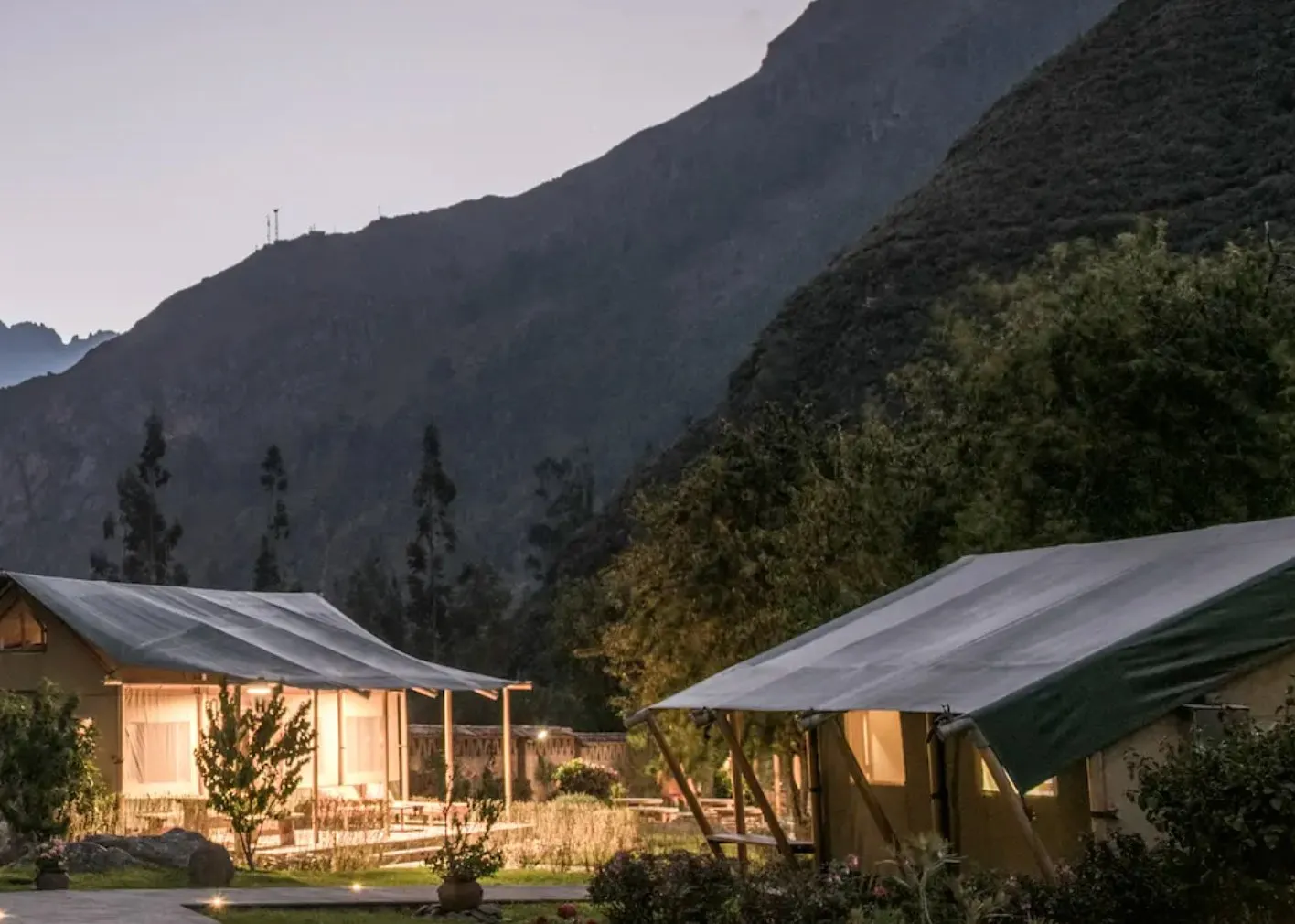 Tented lodges at dusk