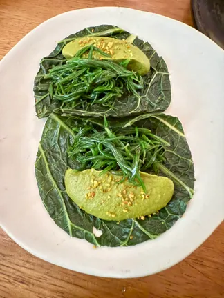 Savoy cabbage tacos with pistachio pipián and romeritos