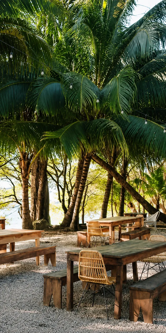 Teak tables under the palms