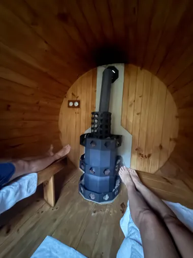 Inside the barrel sauna